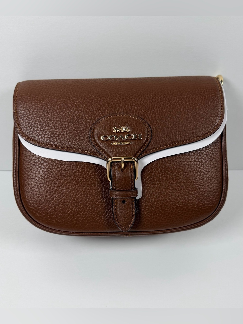 Coach Brown Pebbled Leather Crossbody with White Trim and Gold Hardware